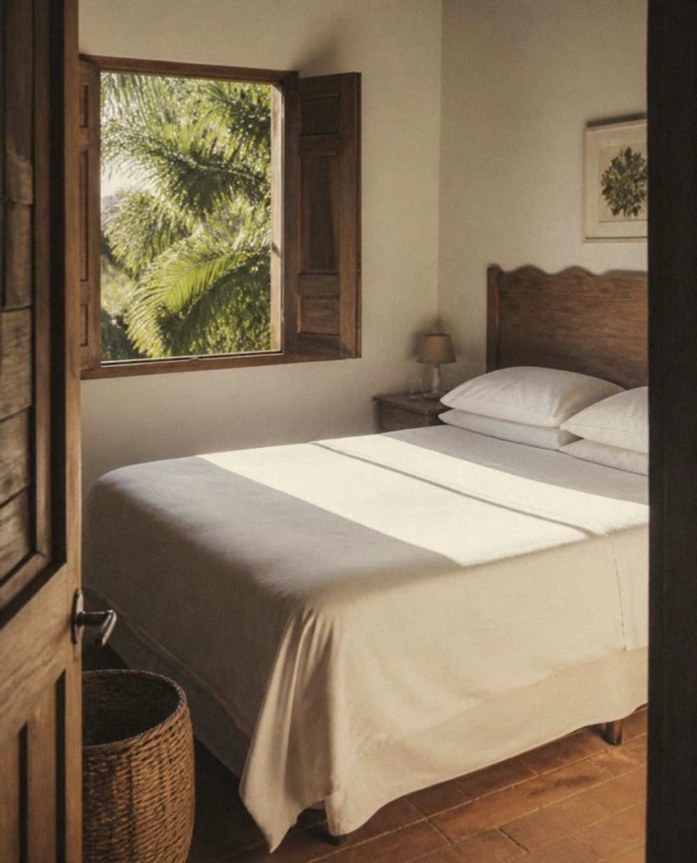 Quarto de pousada arrumado e vazio na luz da manhã